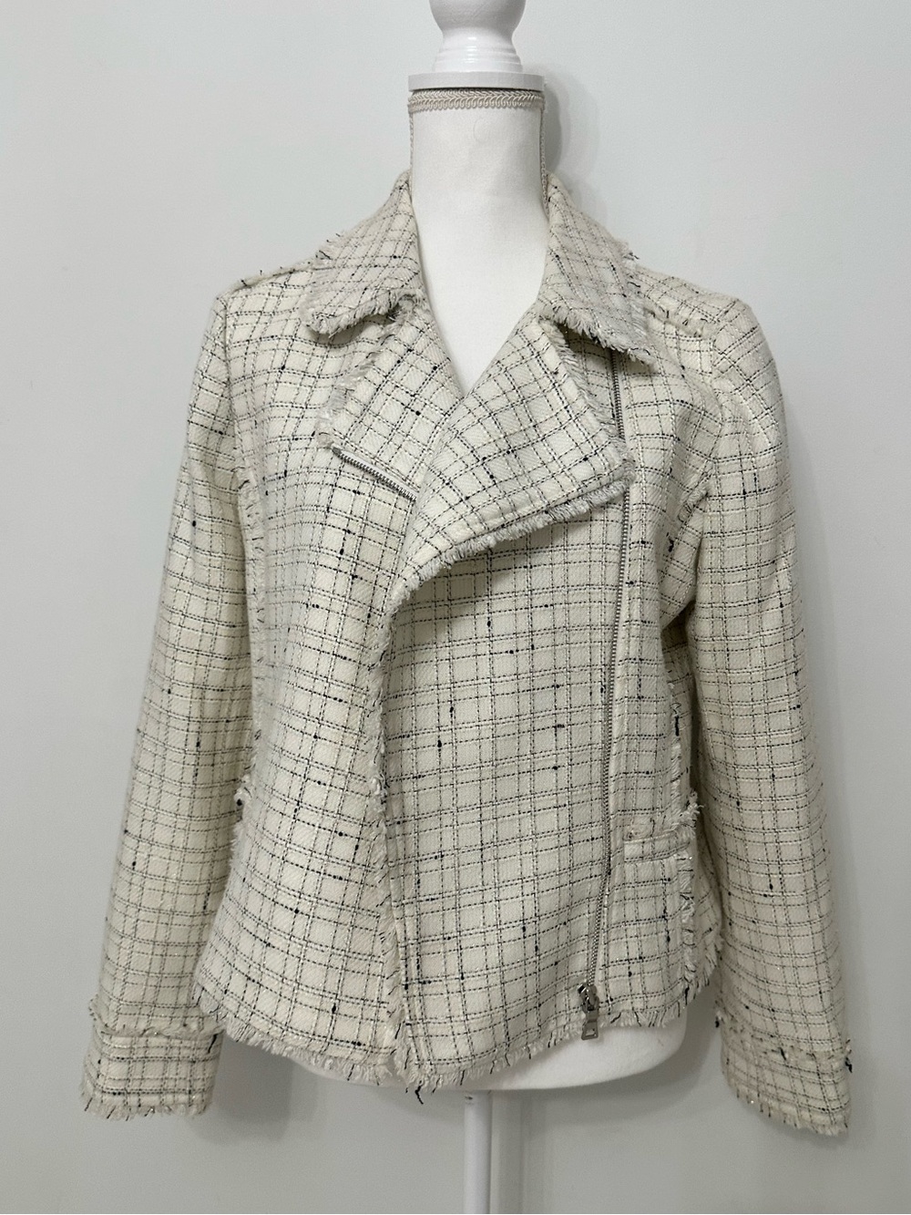 Ann Taylor Cream Tweed Asymmetrical Zip Jacket